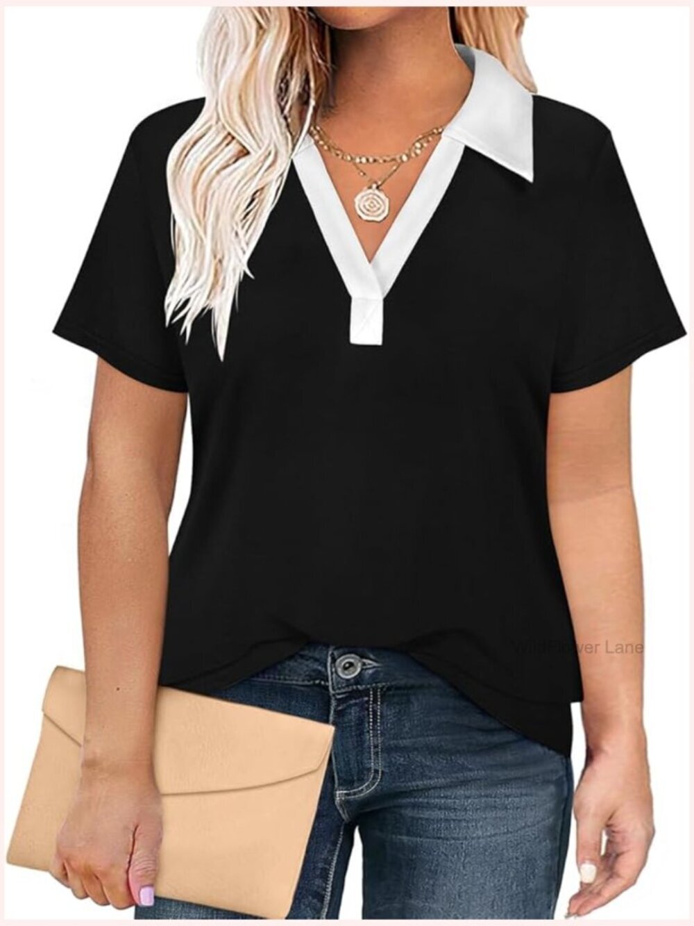 Plus Size Polo Shirt V Neck Zip Tunic Work Blouse